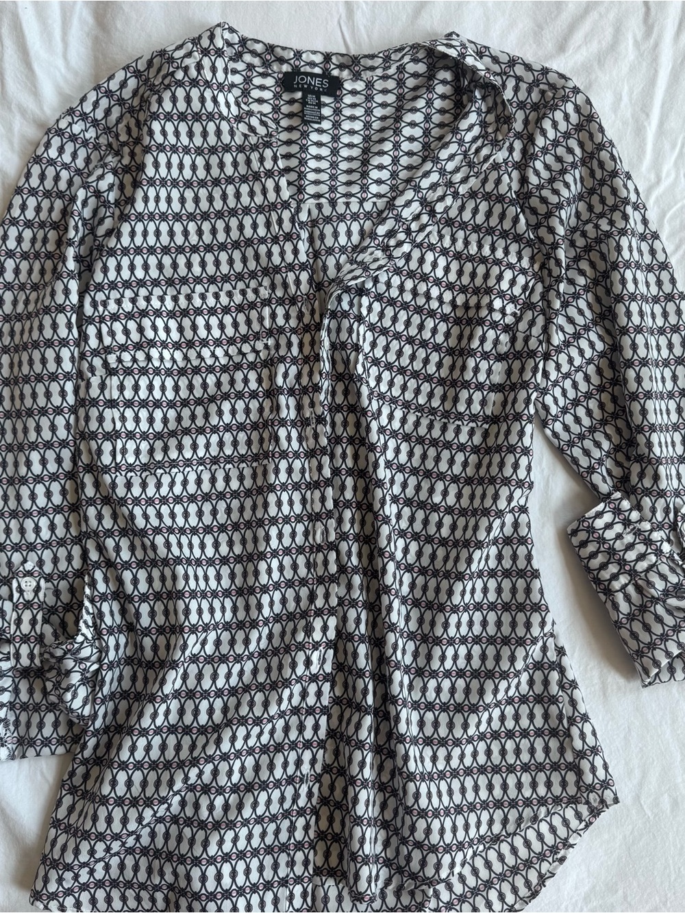 Jones New York White Blouse with Black Geometric & Pink Accents